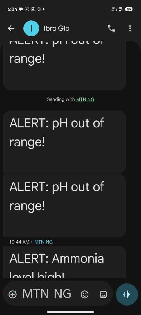 Phone messaging screenshot showing repeated SMS warnings that pH is out of range and an ammonia-level alert.