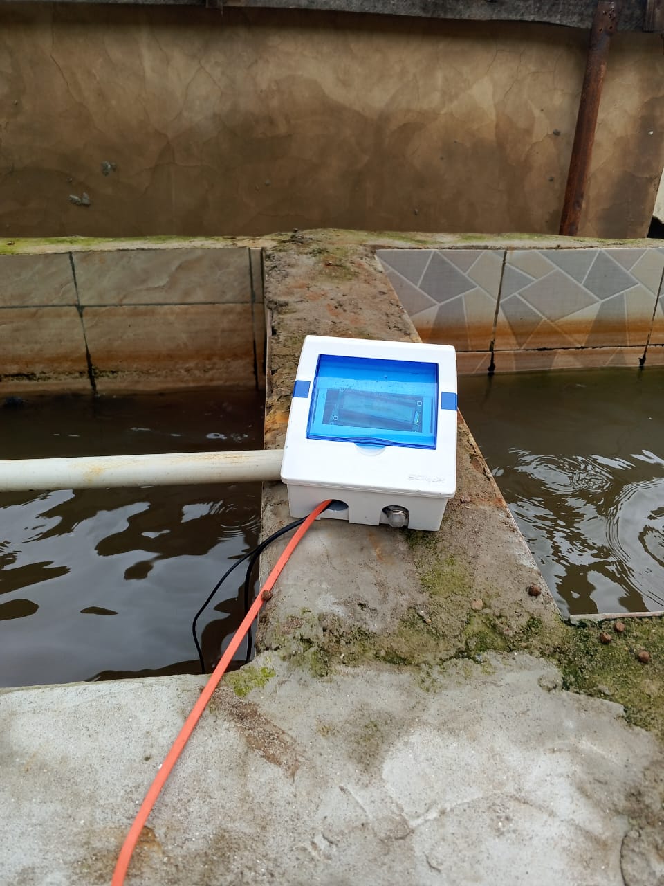 OLAOGO water-monitoring device in a white enclosure with a blue transparent cover, sitting on a concrete fish-tank divider with connected cables.