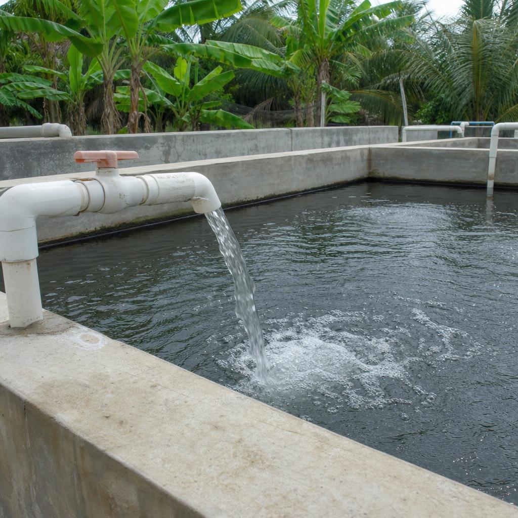 AI-generated illustrative scene: fresh water flowing through ordinary PVC inlet pipework into a concrete catfish hatchery tank in natural daylight; not a customer installation or documented result.